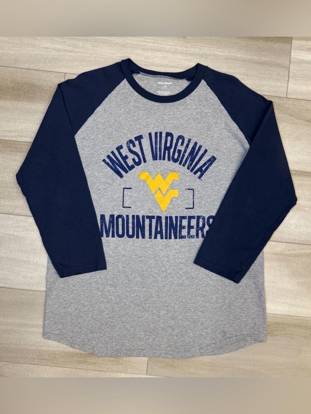 West Virginia Mountaineers Gray Blue T Shirt Women's XL Long Sleeve Raglan WVU